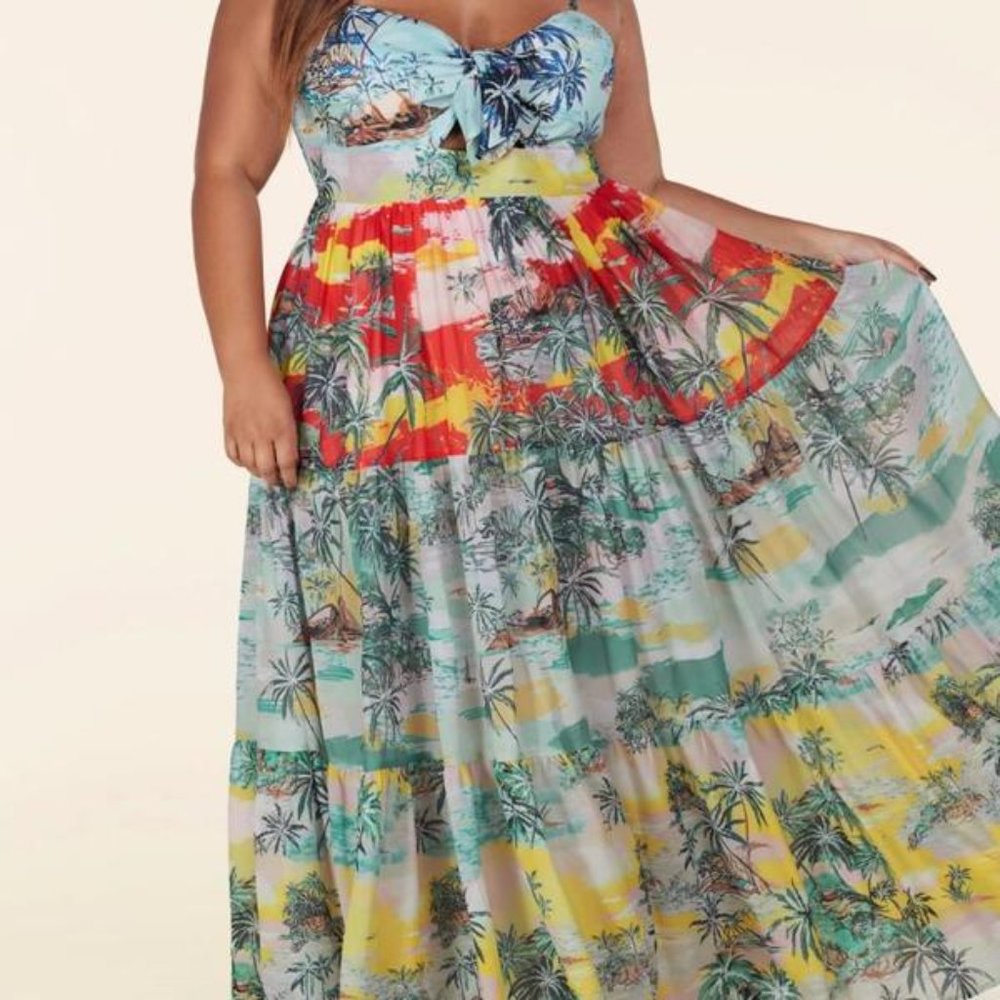 Heaven Print Tie Front Tiered Maxi Dress